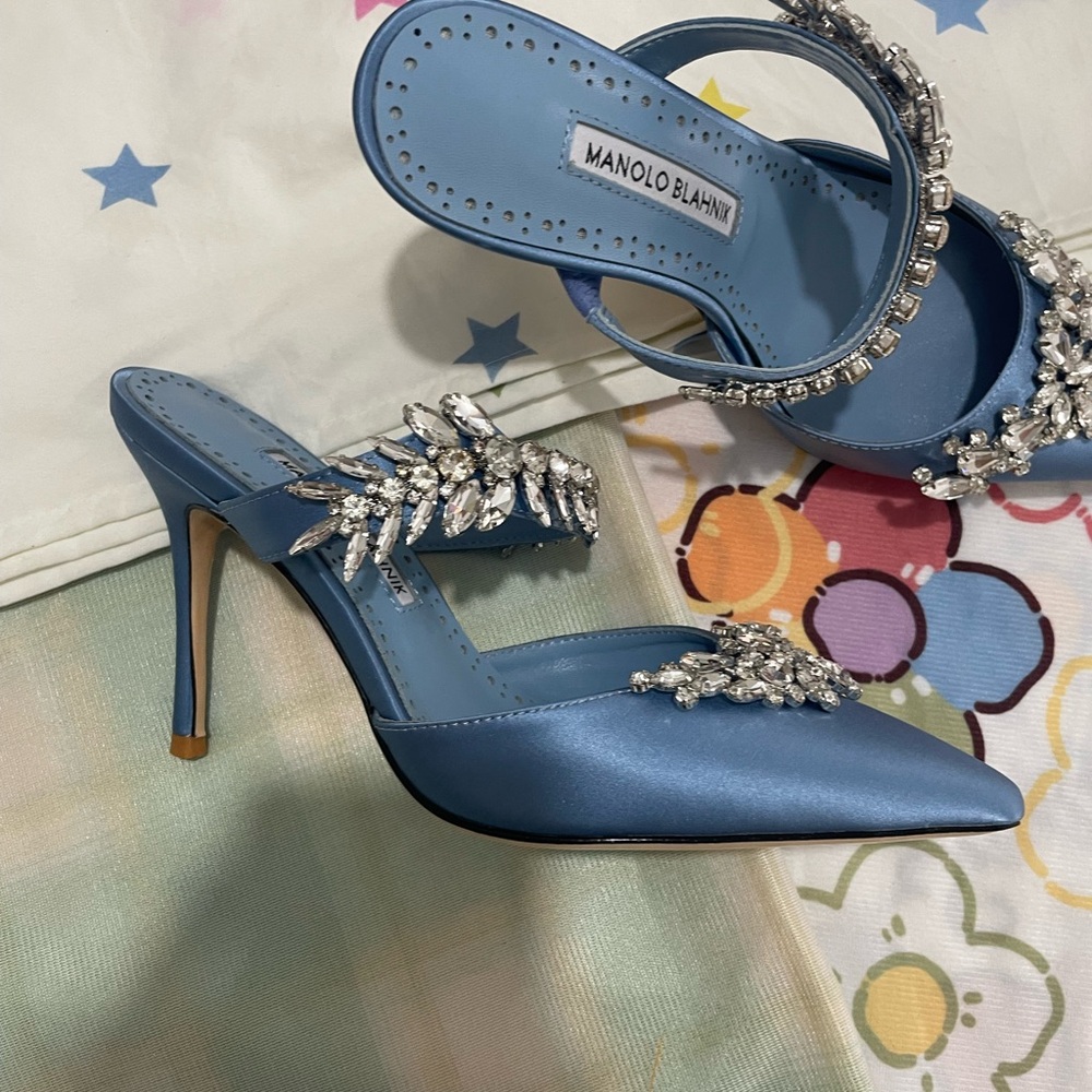 Manolo Blahnik Sky Blue Jeweled Satin Pointed-Toe Mules - Picture 5 of 10